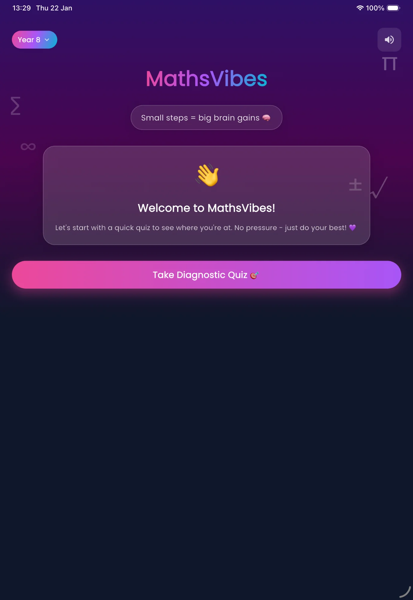 MathsVibes welcome screen